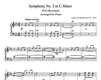 Piano Music Sheets - Symphony No. 5 1st Movement Arranged for Piano - Beethoven - Digital Download