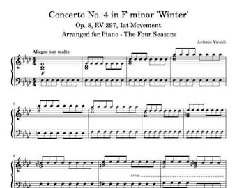 Piano Music Sheets - Violin Concerto No. 4 in F Minor Opus 8 RV 297 Winter 1st Movement - Antonio Vivaldi - Digital Download