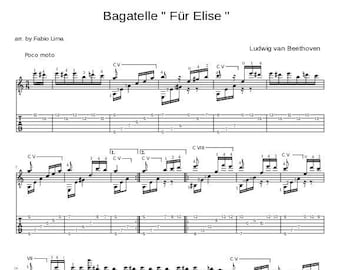 Guitar Music Sheets - Bagatelle No 25 in A Minor "Für Elise" by Ludwig van Beethoven  - Guitar - Digital Download