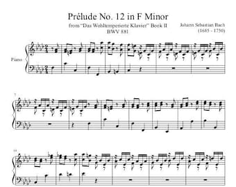 Piano Music Sheets - Prelude No. 12 in F minor Book 2 - BWV 881 - Johann Sebastian Bach - Digital Download