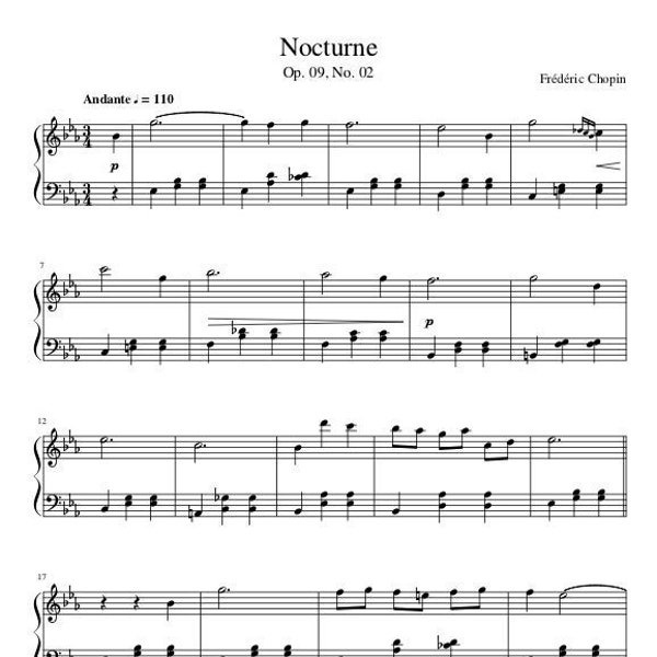 Piano Music Sheets - Nocturne in E-flat major Opus 9 No. 2 - Easy Version - Frederic Chopin - Piano - Digital Download