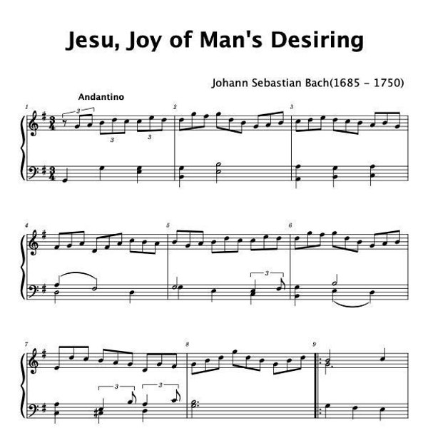 Piano Music Sheets - Jesu, Joy Of Man's Desiring Arranged for Piano - Bach - Digital Download