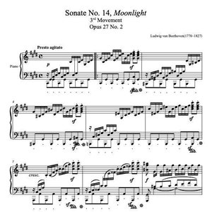 Piano Music Sheets - Sonata 14 Moonlight Sonata - 3rd Movement - Opus 27 No 2 - Beethoven - Digital Download Sheet Music