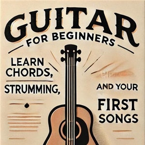 Könnte beinhalten: Ein Vintage-Poster mit einer braunen Akustikgitarre und dem Text "Gitarre für Anfänger - Lerne Akkorde, Strumming und deine ersten Songs - Circlesquare Music".