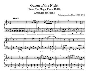 Partituras para piano - Reina de la noche Segundo acto de la flauta mágica arreglada para piano - Mozart - Descarga digital