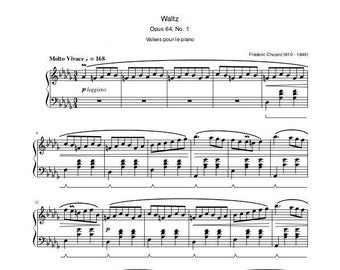 Piano Music Sheets - Waltz Opus 64 No. 1 Molto vivace in D flat Major 'Minute Waltz' - Frederic Chopin - Piano - Digital Download