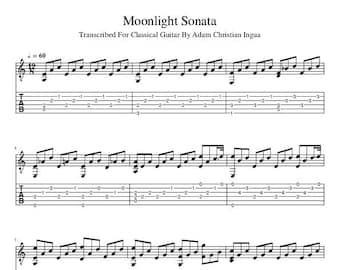 Guitar Music Sheets - Moonlight Sonata movement 1 with guitar tab by Ludwig van Beethoven  - Guitar - Digital Download