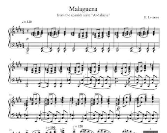 Feuilles de musique pour piano - Malagueña par Ernesto Lecuona - De la suite espagnole Andalousie - Piano - Téléchargement numérique