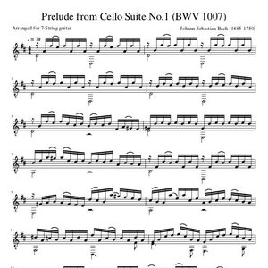 Puede incluir: Partitura para el Preludio de la Suite para violonchelo No. 1 (BWV 1007) de Johann Sebastian Bach, arreglada para guitarra de 7 cuerdas. La música está escrita en notación estándar con una firma de compás de 4/4 y una indicación de tempo de = 70.