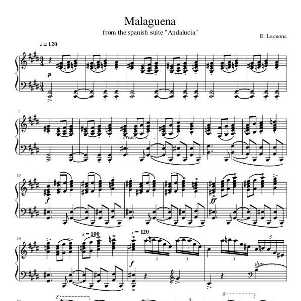 Piano Music Sheets - Malagueña by Ernesto Lecuona - From the Spanish suite Andalucia - Piano - Digital Download