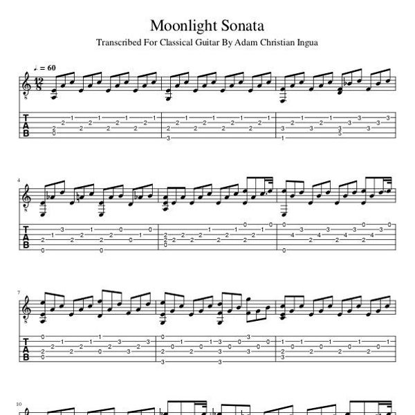 Guitar Music Sheets - Moonlight Sonata movement 1 with guitar tab by Ludwig van Beethoven  - Guitar - Digital Download