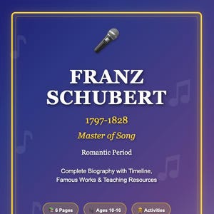 May include: A book cover with a blue background and a yellow border. The title "FRANZ SCHUBERT" is in large white letters. Below, it reads "1797-1828 Master of Song Romantic Period". Includes "Complete Biography" and "6 Pages".