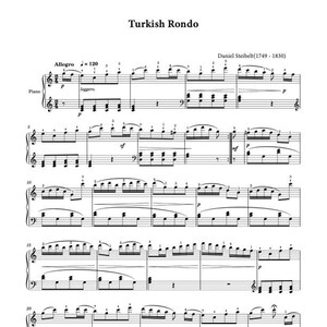 Può includere: Una partitura musicale per pianoforte intitolata "Rondo turco" di Daniel Steibelt (1749-1830). La musica è scritta in notazione standard con chiavi di violino e di basso. L'indicazione di tempo è "Allegro" a 120 battiti al minuto. Il pezzo è in tonalità maggiore e presenta uno stile vivace e ritmico.