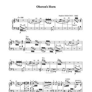 Peut inclure: Partition de piano pour une pièce intitulée "Oberon's Horn" de Stephen Heller (1815-1888). La musique comprend des indications de tempo, des indications dynamiques et des notations musicales.