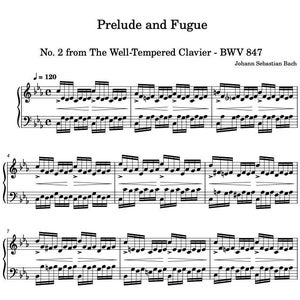 Piano Music Sheets - Prelude No. 2 in C Minor Book 1 - BWV 847 - Johann Sebastian Bach - Digital Download