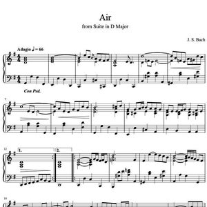 May include: A sheet music score for the Air from Suite in D Major by J.S. Bach. The music is written in standard notation with a treble clef and a bass clef. The title of the piece is written at the top of the page, along with the composer's name and the date of composition.