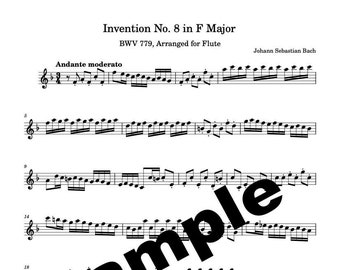 Flute Music Sheets - Invention No. 8 in F Major BWV 779 Arranged for Flute - Bach - Digital Download