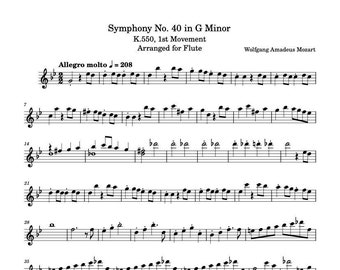 Partituras para Flauta - Sinfonía No. 40 en Sol Menor K550 1er movimiento Arreglado para Flauta - Mozart - Descarga Digital