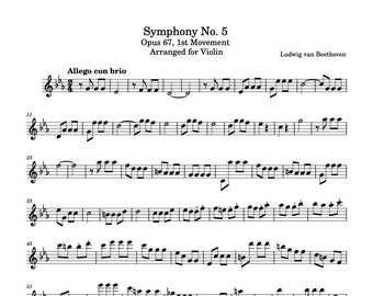 Violin Music Sheets - Symphony No. 5 1st Movement Arranged for Violin - Beethoven - Digital Download