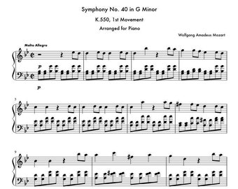 Piano Music Sheets - Symphony No. 40 in G Minor 1st Movement K. 550 arranged for Piano - Mozart - Digital Download