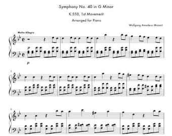 Piano Music Sheets - Symphony No. 40 in G Minor 1st Movement K. 550 arranged for Piano - Mozart - Paper Music Sheets