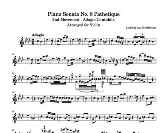 Violin Music Sheets - Piano Sonata No. 8 Pathetique 2nd Movement Adagio Cantabile - Beethoven - Digital Download