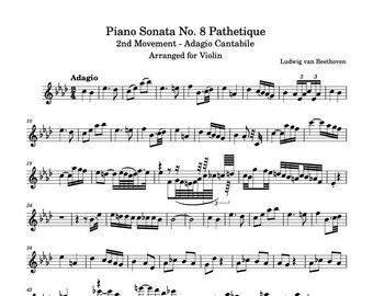 Violin Music Sheets - Piano Sonata No. 8 Pathetique 2nd Movement Adagio Cantabile - Beethoven - Digital Download