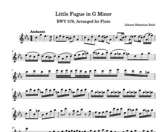 Flute Music Sheets - Little Fugue in G Minor BWV 578 Arranged for Flute - Bach - Digital Download