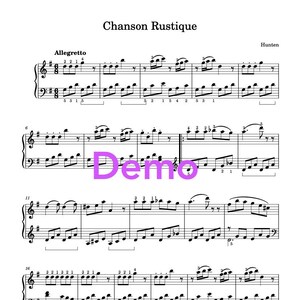 May include: A sheet music score for a piano piece titled "Chanson Rustique" by Hunten. The music is written in the key of F major and is in 4/4 time. The tempo is marked "Allegretto".