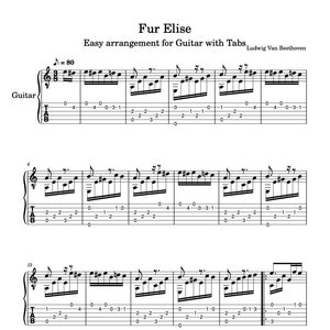 Guitar Music Sheets - Für Elise - Bagatelle No 25 in A Minor - Easy Version - Ludwig van Beethoven  - Guitar - Digital Download