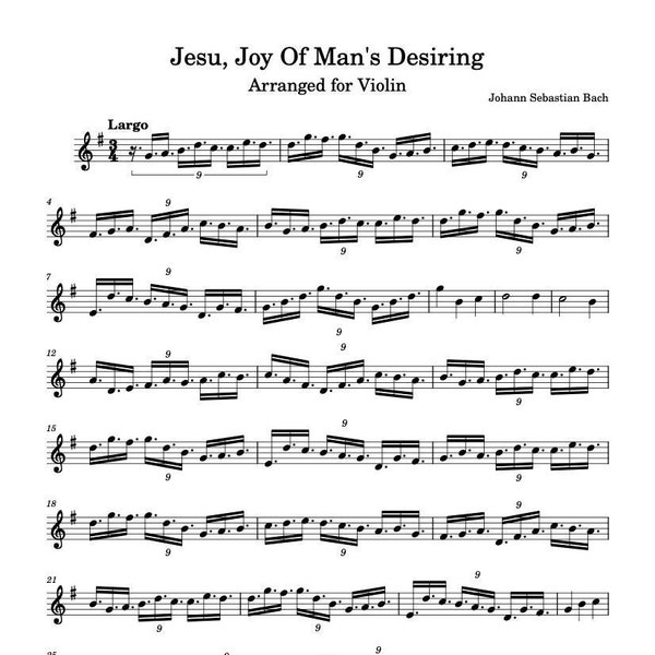 Violin Music Sheets - Jesu, Joy Of Man's Desiring Arranged for Violin - Bach - Digital Download