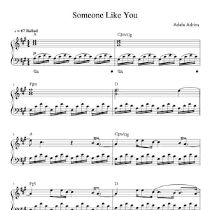 Puede incluir: Partitura musical para la canción "Someone Like You" de Adele Adrins. La música está escrita en notación estándar con una armadura de clave de fa sostenido mayor y una compás de 4/4. La canción está en la mayor y es una balada.