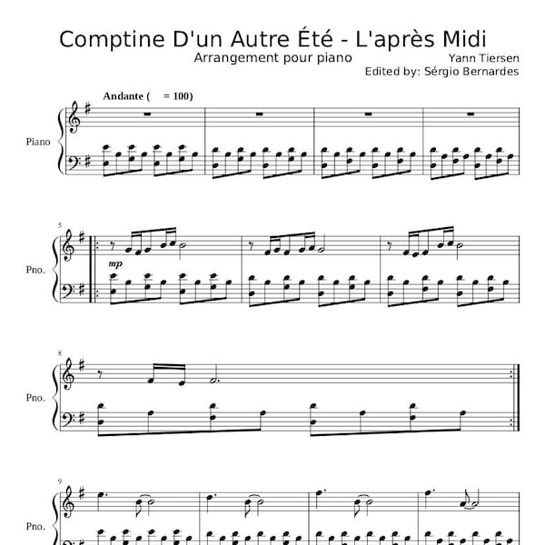 Piano Music Sheets - Comptine D'un Autre Été - L'après Midi - Yann Tiersen - Piano - Digital Download