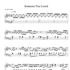 Könnte beinhalten: Notenblatt für das Lied "Someone You Loved" von Lewis Capaldi. Die Musik ist in C-Dur geschrieben und hat ein Tempo von 120 Schlägen pro Minute.