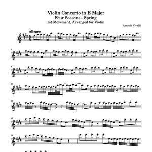 May include: Sheet music for the first movement of Antonio Vivaldi's Violin Concerto in E Major, "Spring", from the Four Seasons. The title "Allegro" is written above the first measure of music.