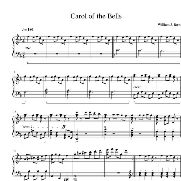 Piano Music Sheets - Carol of the bells - by William J Ross - Piano - Digital Download