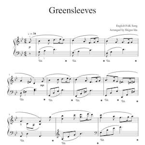 Könnte beinhalten: Notenblatt für das traditionelle englische Volkslied "Greensleeves", arrangiert für Klavier von Shigeo Ida. Die Musik enthält Noten, Schlüssel, Taktarten und andere musikalische Notation.