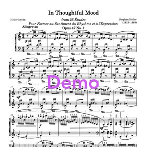 Peut inclure: Une partition de musique pour piano intitulée "In Thoughtful Mood" tirée des 25 Études de Stephen Heller (1813-1888). La page de titre comprend le texte "Pour Former au Sentiment du Rhythme et à l'Expression" et "Opus 47 No. 1".