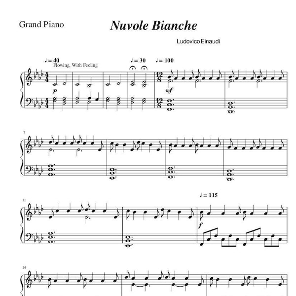 Piano Music Sheets - Nuvole Bianche by Ludovico Einaudi - Piano - Digital Download