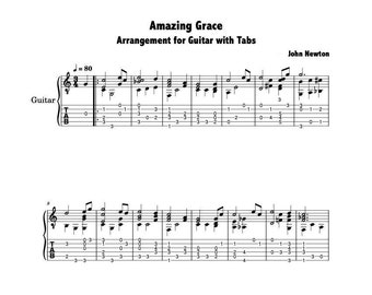 Guitar Music Sheets - Amazing Grace - Arrangement for Guitar with Tabs - Easy Version - John Newton - Digital Download