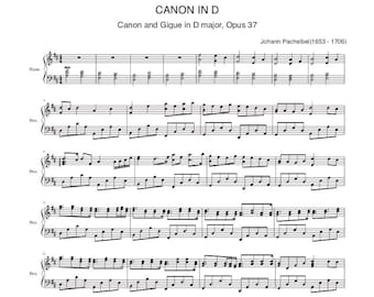 Piano Music Sheets - CANON IN D - by Johann pachelbel - Piano - Digital Download