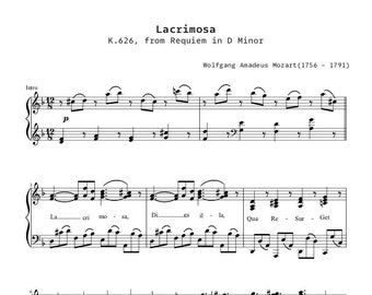 Piano Music Sheets - Lacrimosa K 626 from Requiem in D Minor - Wolfgang Amadeus Mozart  - Digital Download