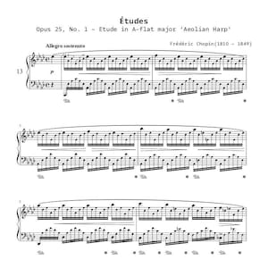 May include: Sheet music for the piano piece "Etude in A-flat major 'Aeolian Harp'" by Frédéric Chopin, Opus 25, No. 1. The music is written in the treble clef and bass clef, with a time signature of 4/4. The tempo marking is "Allegro sostenuto".