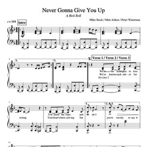 Never Gonna Give You Up (Rick Roll) *Chorus only* Intermediate Piano Sheet  Music with note names & lyrics printable downloadable