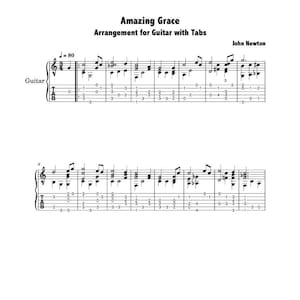 Guitar Music Sheets - Amazing Grace - Arrangement for Guitar with Tabs - Easy Version - John Newton - Digital Download