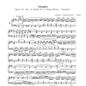 Piano Music Sheets - 12 Etudes Opus 10 No 4 in C sharp Minor  &#39;Torrent&#39;  - Frederic Chopin - Piano - Digital Download