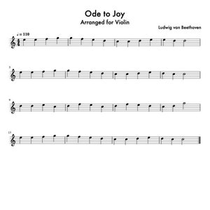 Könnte beinhalten: Notenblatt für Ode an die Freude, arrangiert für Violine. Die Musik ist in Violinschlüssel geschrieben und enthält den Namen des Komponisten, Ludwig van Beethoven.