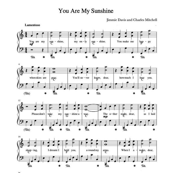 Piano Music Sheets - You are my Sunshine by Jimmie Davis, and Charles Mitchell - Digital Download