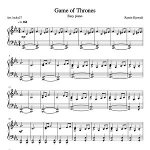Puede incluir: Partitura musical para la canción "Game of Thrones" de Ramin Djawadi. La música está arreglada para piano fácil e incluye la indicación de tempo = 168.