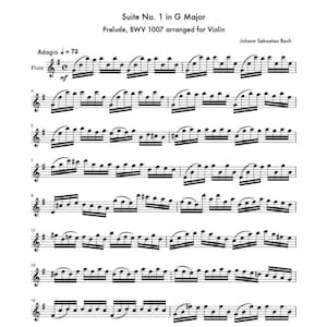 Può includere: Sparttitura per il Preludio in Sol maggiore, BWV 1007, della Suite No. 1 in Sol maggiore di Johann Sebastian Bach. La musica è scritta per flauto ed è contrassegnata Adagio, con un tempo di 72 battiti al minuto.